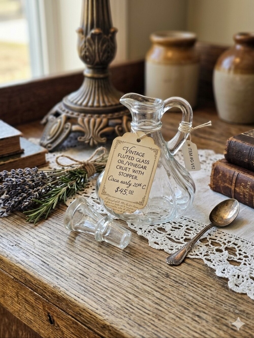 Vintage Clear Fluted Glass Oil & Vinegar Cruet with Stopper | Farmhouse Decor